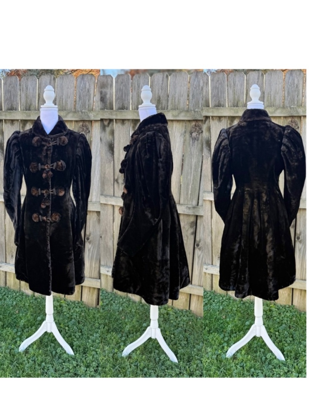 Antique Victorian Coat Overcoat Brown Velvet Velour Fur XS S Small M Medium